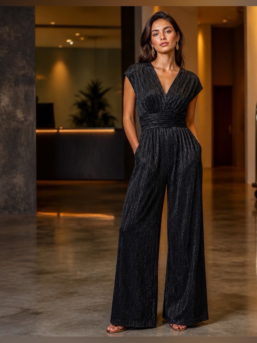 Maggy London Black Silver Metallic Pleated Wide Leg Jumpsuit Size 6